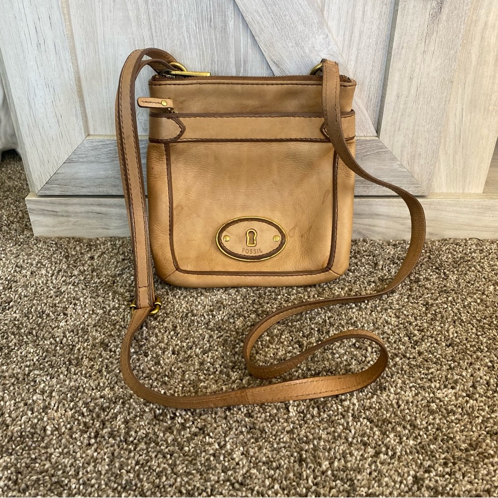 Vintage Fossil Tan Leather Crossbody Bag Purse Shoulder Satchel Hobo